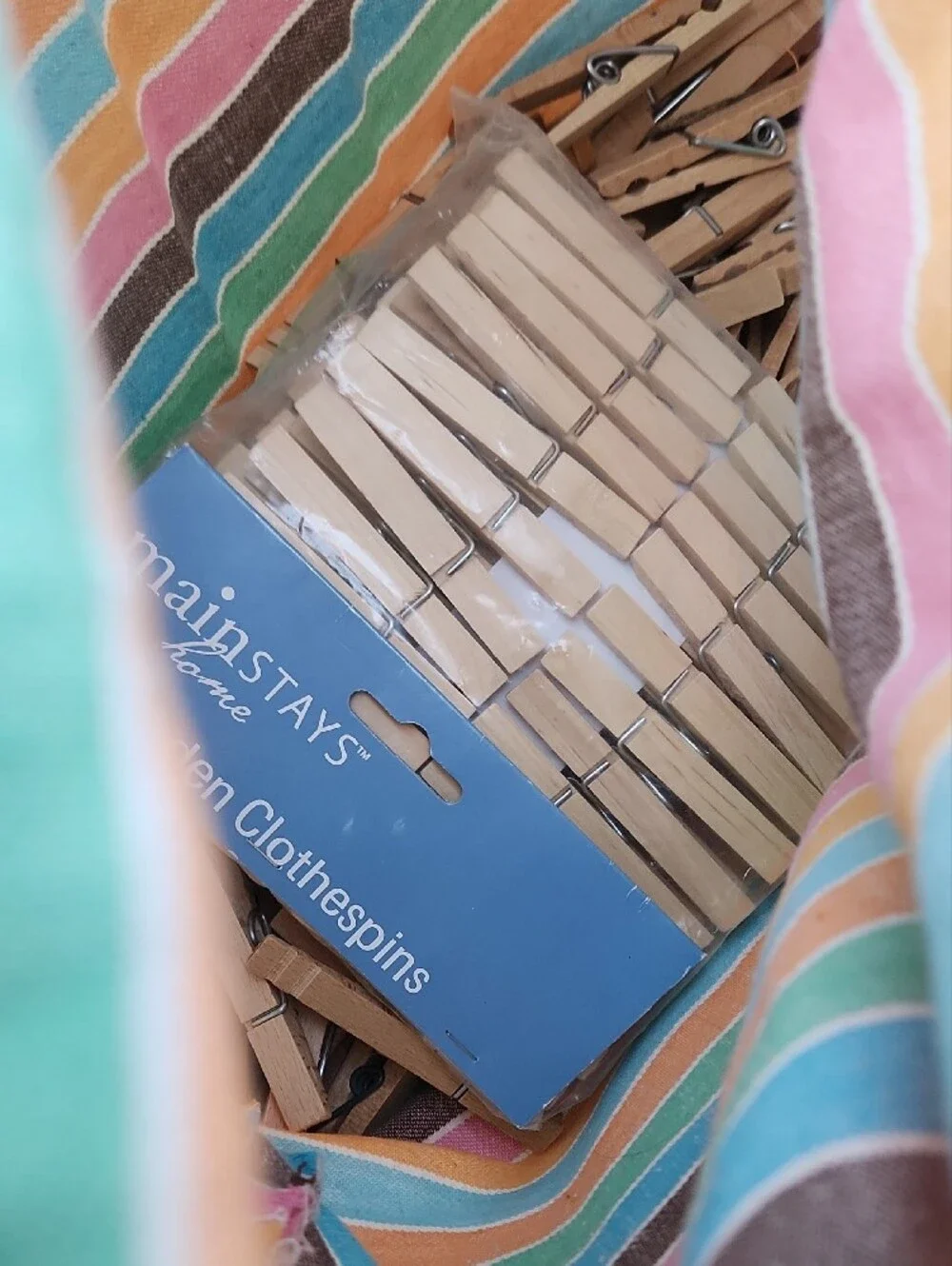 Draw String Striped Bag With Clothes Pins Along With 50+ Clothes Pins